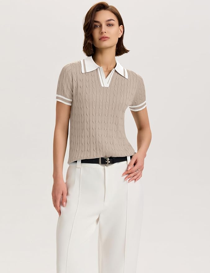 Micoson Womens Short Sleeve Sweater Tops Lapel V Neck Polo Shirts 2026 | Summer Cable Knit Loose Blouses, Business Casual Outfits