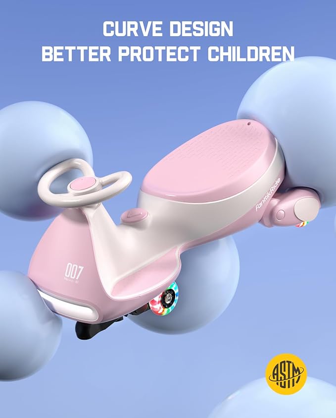 FanttikRide N7 Pro Electric Wiggle Car, Rechargeable Battery, CyberWiggle, 2 in 1 Swing Car, 2 Speeds Max 4 Mph, Anti-Rollover, Flashing Wheels, Bluetooth, for Ages 3 and Up, 150 Lbs,Pinkish White