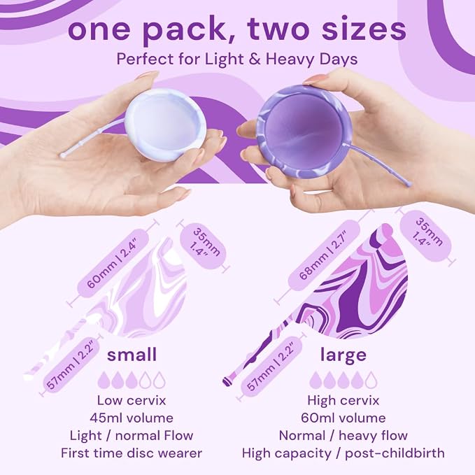 Bodyotics Reusable Menstrual Disc - 2 Pack (S & L), Purple | Leak-Proof Alternative to Cups, Tampons & Pads for Light or Heavy Flow; Body-Safe Silicone with 12 Hour Wear