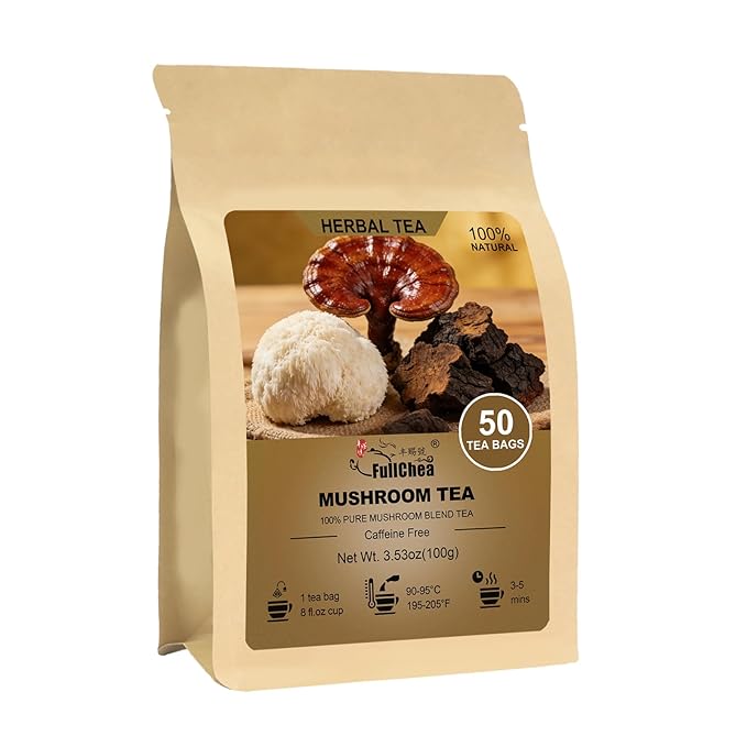 FullChea - Mushroom Blend Tea Bags, 50 Count, Mushroom Blend Herbal Tea | Mushroom blend tea, lion’s mane, reishi, chaga & licorice root, Non-GMO, caffeine-free, earthy mild flavor, gentle digestion
