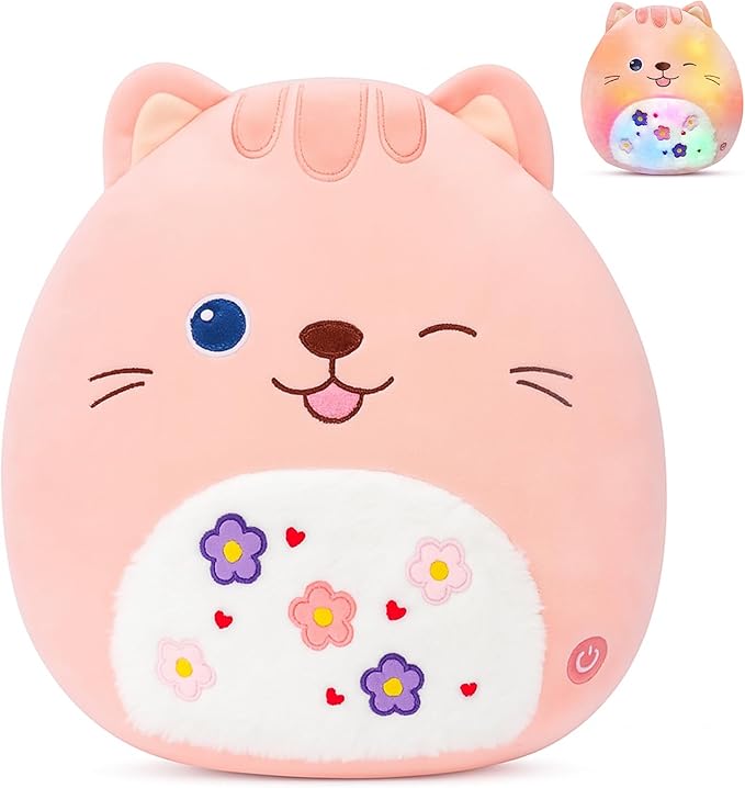 Easfan 12" LED Kitty Plush Pillow Soft Pink Cat Glowing Plush Toy Cute Stuffed Animal Home Room Decoration Birthday Get Well Gifts for Kids Toddlers