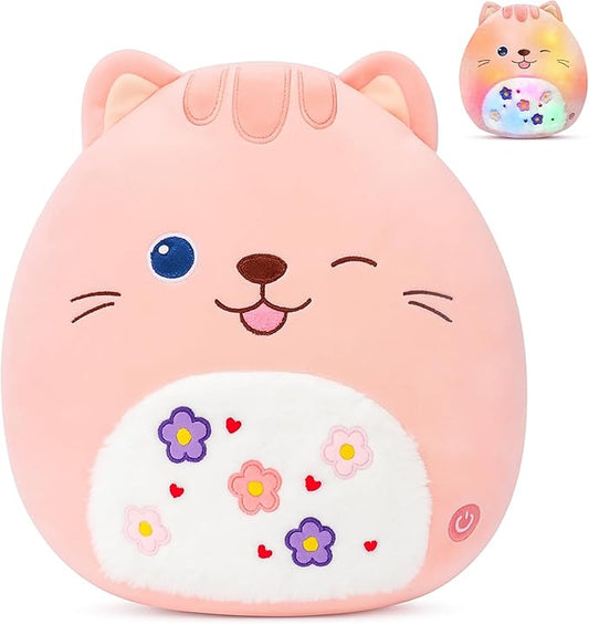 Easfan 12" LED Kitty Plush Pillow Soft Pink Cat Glowing Plush Toy Cute Stuffed Animal Home Room Decoration Birthday Get Well Gifts for Kids Toddlers