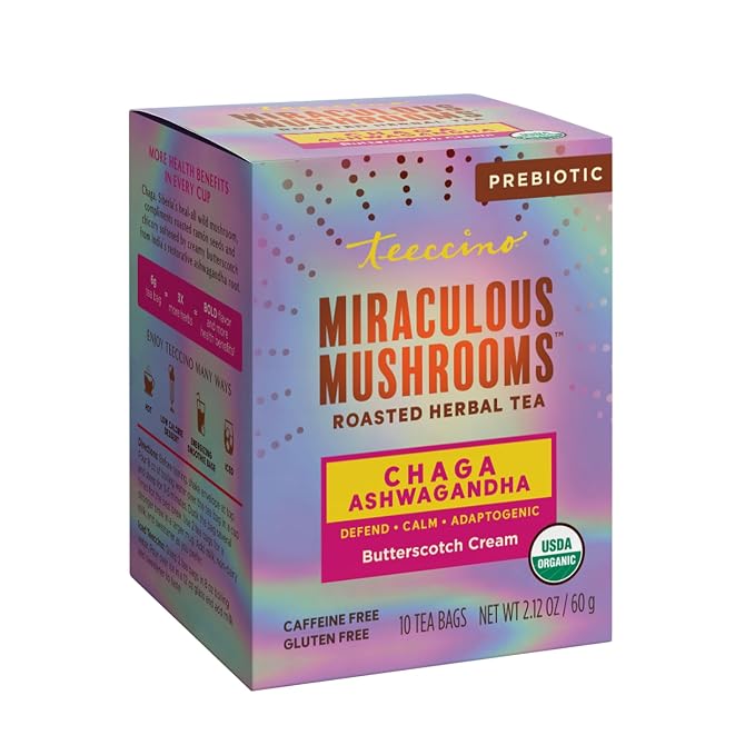 Teeccino Chaga Ashwagandha Tea - Butterscotch Cream - 10 TeaBags - Organic Mushroom Adaptogenic Herbal Tea, 3x More Herbs than Regular Tea Bags, Prebiotic, Caffeine Free, Gluten Free