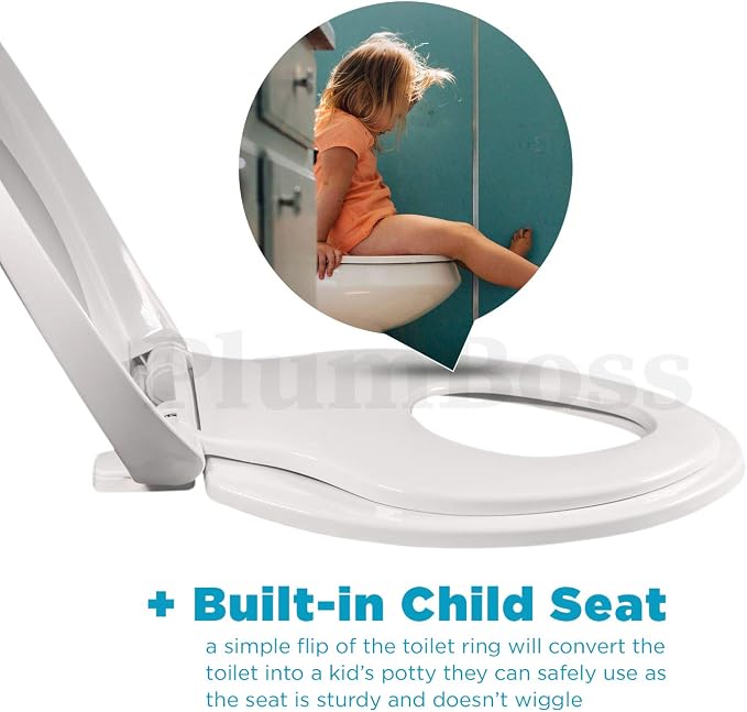 E2000 Elongated Toilet Seat with Built in Potty Training Toddlers Seat Magnetic Kids Seat Fits both Adult and Child Plastic Off white