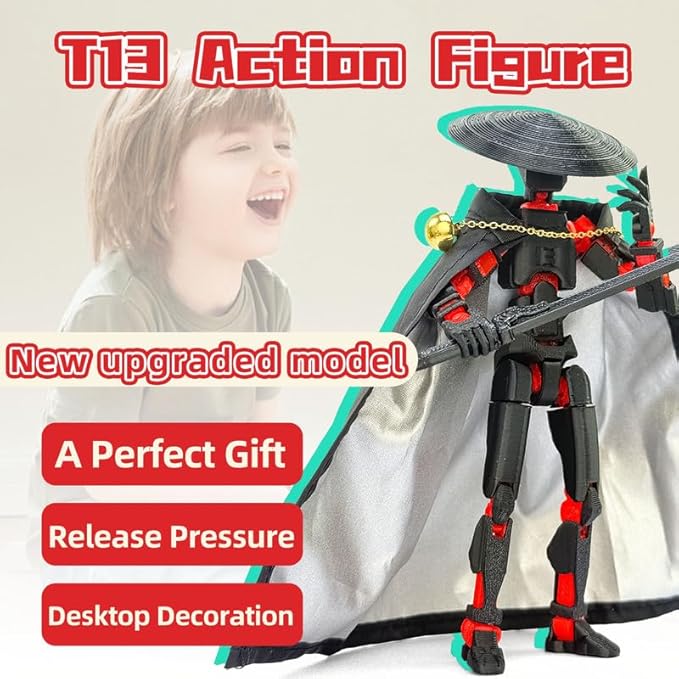 Assembly Completed T13 Action Figures,T 13 Action Figure, Robo 13 3D Printed Action Figure - The Ultimate Hero for Action-Packed Playtime,5.2 Inch (Black Red)