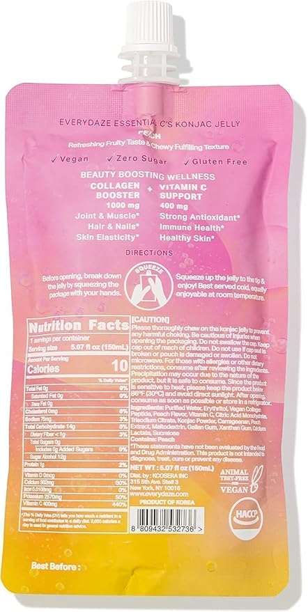 EVERYDAZE Essential C’s Konjac Jelly | Peach | Plant-Based Collagen Booster, Gluten Free, Sugar Free, Low Calorie | Healthy Drinkable Fruit Snack | 10 Pack Box Food Drink Pouch