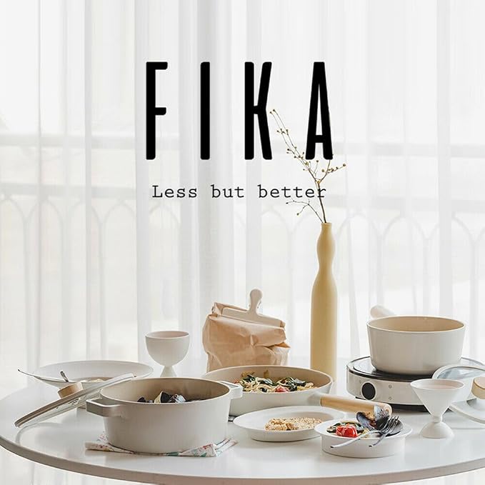 FIKA Kitchen Essential 8-Piece Cookware Set, Nonstick Ceramic Coating Pan, BBQ Grill, Pot with Lid, Induction, Made in Korea