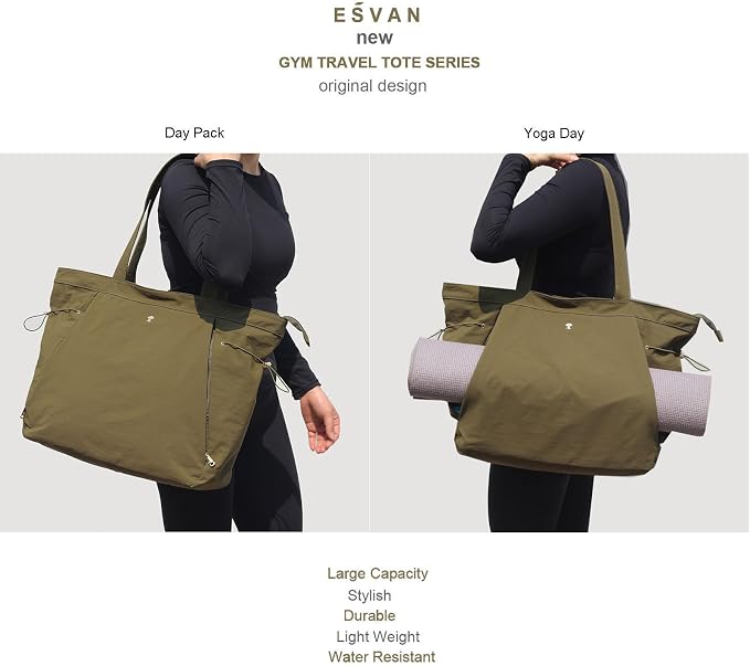 ESVAN Yoga Tote Bag for Women Shoulder Bags Drawstring for Office Workout Travel Carryall Pilates Gym and Beach