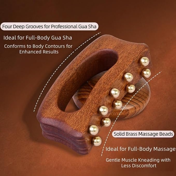 Brass Beads Gua Sha Massage Board for Neck Shoulder Back Abdomen Muscle Relaxation, Body Sculpting & Meridian Relief Copper Meridian Point Massage Board Chinese SPA Gua Sha Tool Natural Wooden Handle
