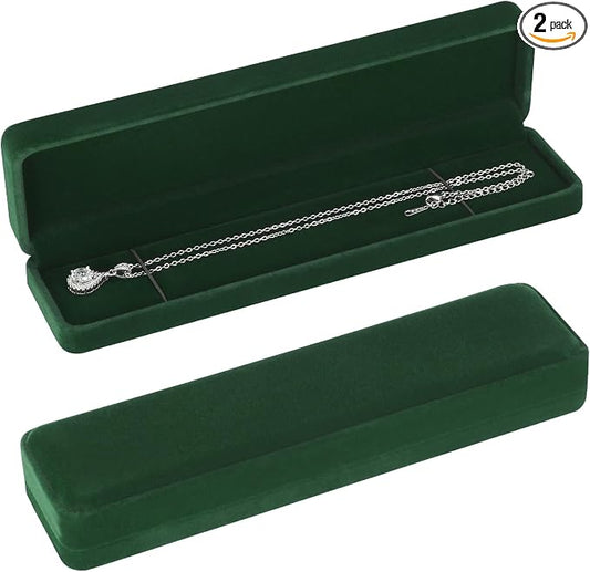 KUKUVR 2 Pcs Velvet Necklace Gift Box, Long Jewelry Storage Holder Case for Chain Pendant Bracelet Engagement Birthday Anniversary (Green)