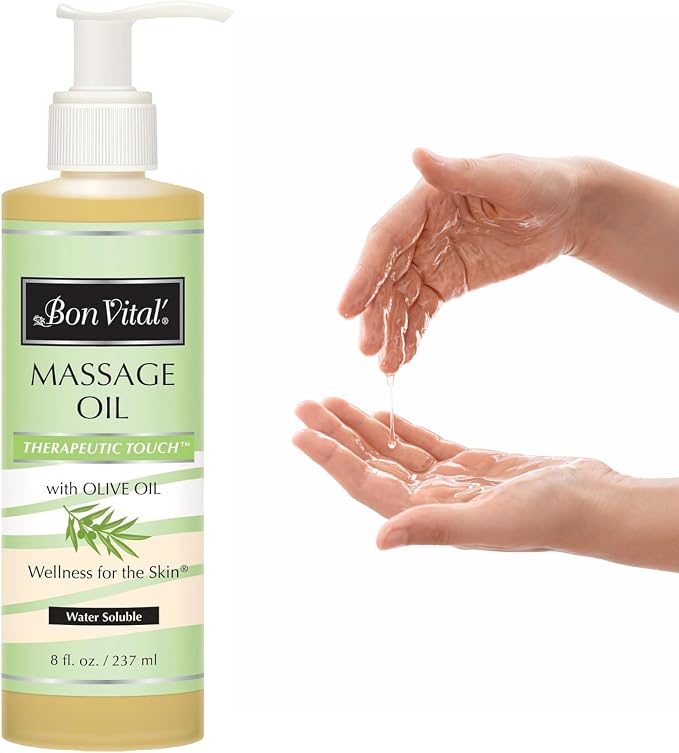 Bon Vital' Therapeutic Touch Massage Oil, 8oz Pump, Unscented Massage Oil for Massage Therapy With Olive Oil, Lightweight Non-Greasy Formula, Professional-Grade for Dry Skin and Sore Muscles