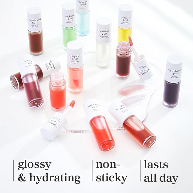 NOONI Vegan Appleseed Lip Oil Set - Appleberry & Applecherry & Appleplum | Long-Lasting, Moisturizing, Plumping, Revitalizing for Dry Lips, Waterproof, No Peel Off, 0.12 FL Oz x 3ea