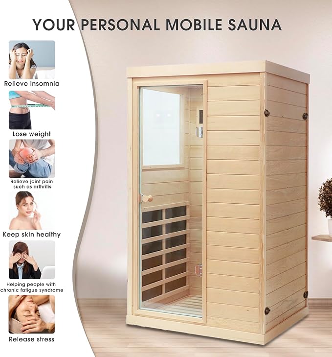Kanlanth 1 Person Far Infrared Sauna - Low EMF Mini Indoor Wood Sauna, Compact Home Spa for Small Spaces, Bluetooth Speakers, LED Reading Light, 120V/950W, 36.6"x 29.3"x 63"