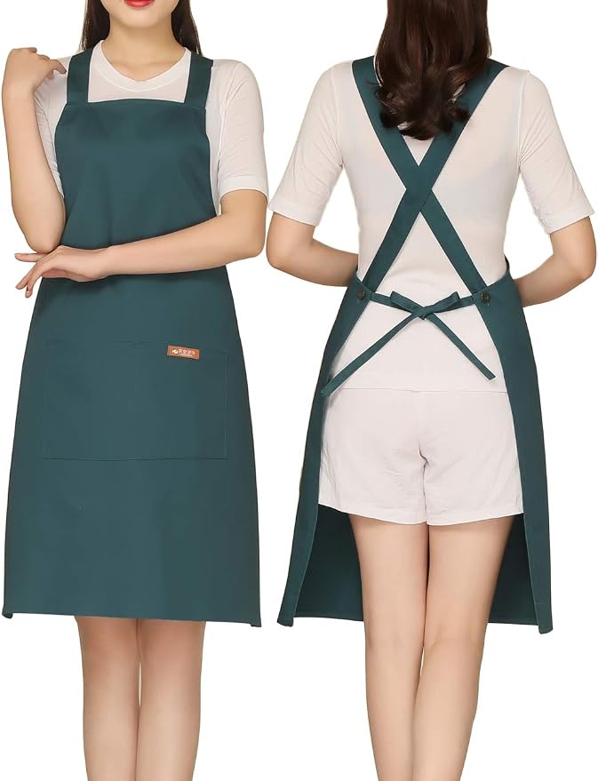 NEWGEM 100% Cotton Cross Back Apron for Women with 2 Pockets - Adjustable Button Straps Pinafore, No Neck Pain Kitchen Chef Apron for Waitress, Barista, Florist (Dark Green)
