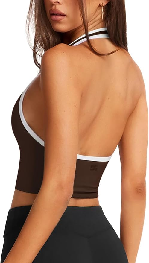Halter Workout Top for Women: Open Back Sports Bra Color Block Tops with Built in Bra Yoga Gym Crop