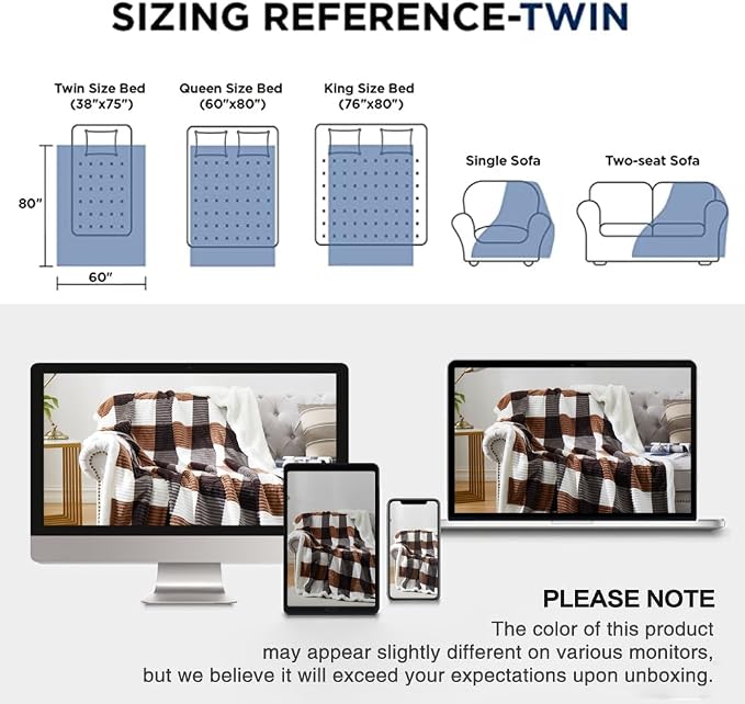PU MEI Sherpa Blanket Twin Plaid Thick Bed Blanket, 60”*80” Super Soft Flannel Fuzzy Fleece Reversible Velvet Plush Warm Blanket for Couch(Brown-Check, 60"*80")