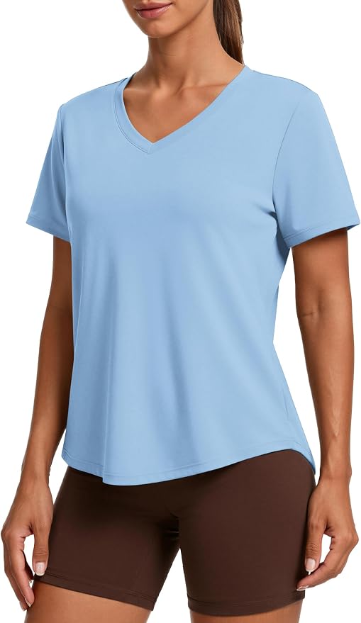 PINSPARK Soft Workout Tops for Women Short Sleeve V Neck Moisture Wicking UPF 50+ Sun Protection Quick Dry Gym Shirts