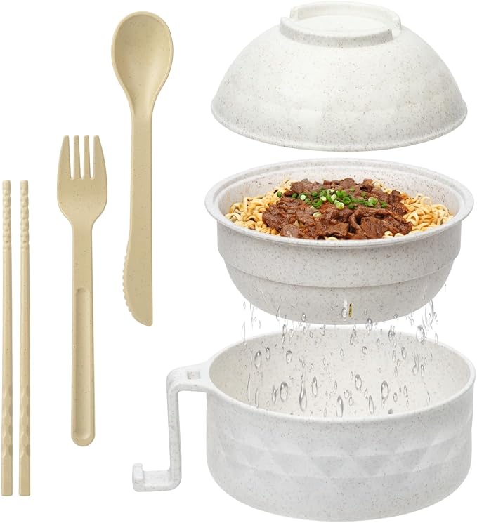 Ramen Bowl Set,Microwave Ramen Cooker Instant Noodles Bowl with Chopsticks Spoon,Rapid Ramen Noodle Bowl, Portable Noodle Bowls,for Home Office Dorm Room College gift(Beige)