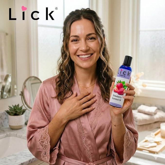 LICK Strawberry Fruit Scented Body Oil – Lightweight Daily Moisturizer with Almond Oil & Vitamin E – 4 oz