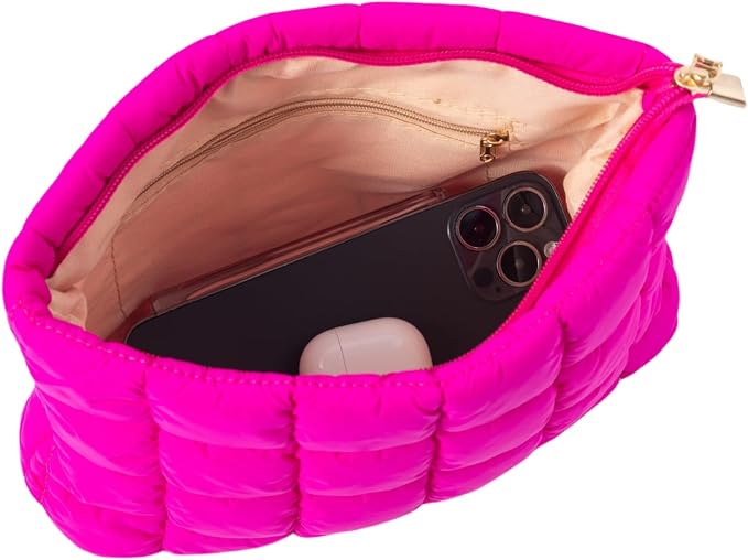 Soft Checkered Quilted Puffy Makeup Bag for Women, Aesthetic Puffer Cosmetic Bag Pouch for Purse (Hot Pink)