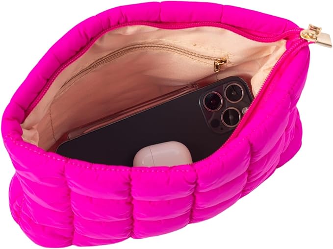 Hot Pink Puffer Quilted Makeup Bag for Women with Furry Keychains - 10" Roomy Puffy Cosmetic Pouch, Travel Toiletry Organizer Bag (HP-Fu-HP)
