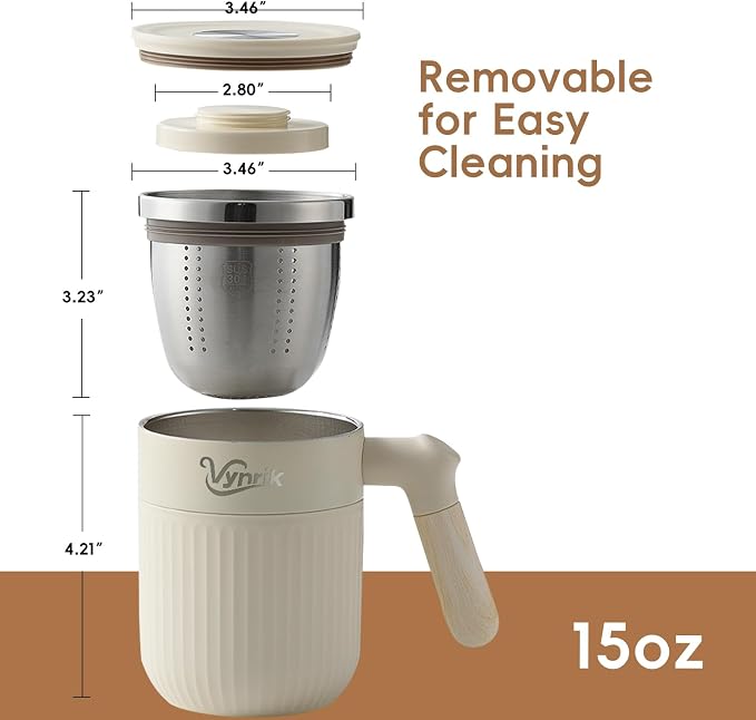 Tea Infuser Cup doubles as Insulated Coffee Mug,Tea Cup with Lid and Handles,Removable Stainless Steel Tea Strainers for Loose Tea (WHITE)