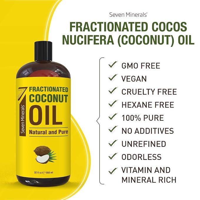 Seven Minerals, Pure Fractionated Coconut Oil - Big 32 fl oz Bottle - Non-GMO, 100% Natural, Lightweight Massage Oil for Massage Therapy on Skin, Hair, More - Perfect Carrier Oil for Essential Oils