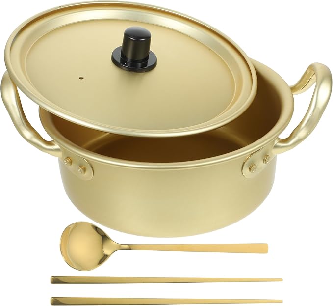 PRETYZOOM Korean Ramen Pot with Spoons and Chopsticks, Aluminum Fast Heating Cooker for Ramen, Soup (16cm)