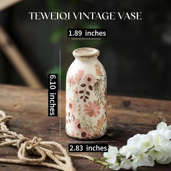Vintage Flora Ceramic Vase Set, Retro Rustic Cute Vase Gift, Art Decorative Vase for Your Home, Kitchen, Bedroom, Office, Living Room, Bathroom, & Shelf Centerpiece Table Decorations
