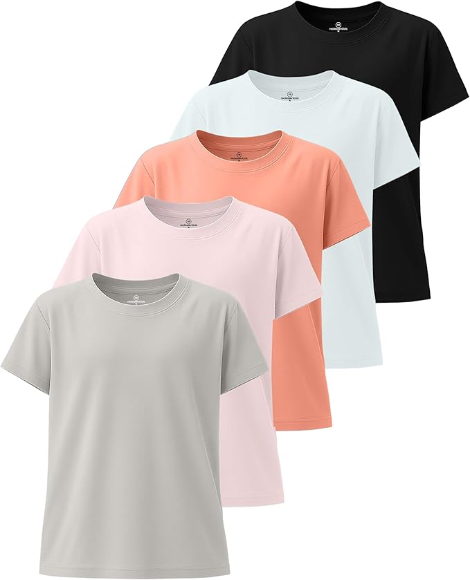 Real Essentials 5 Pack: Girls' Short Sleeve Dry-Fit Athletic T-Shirt - Active Gym Crew Neck Tops for Teens Kids (Ages 4-16)