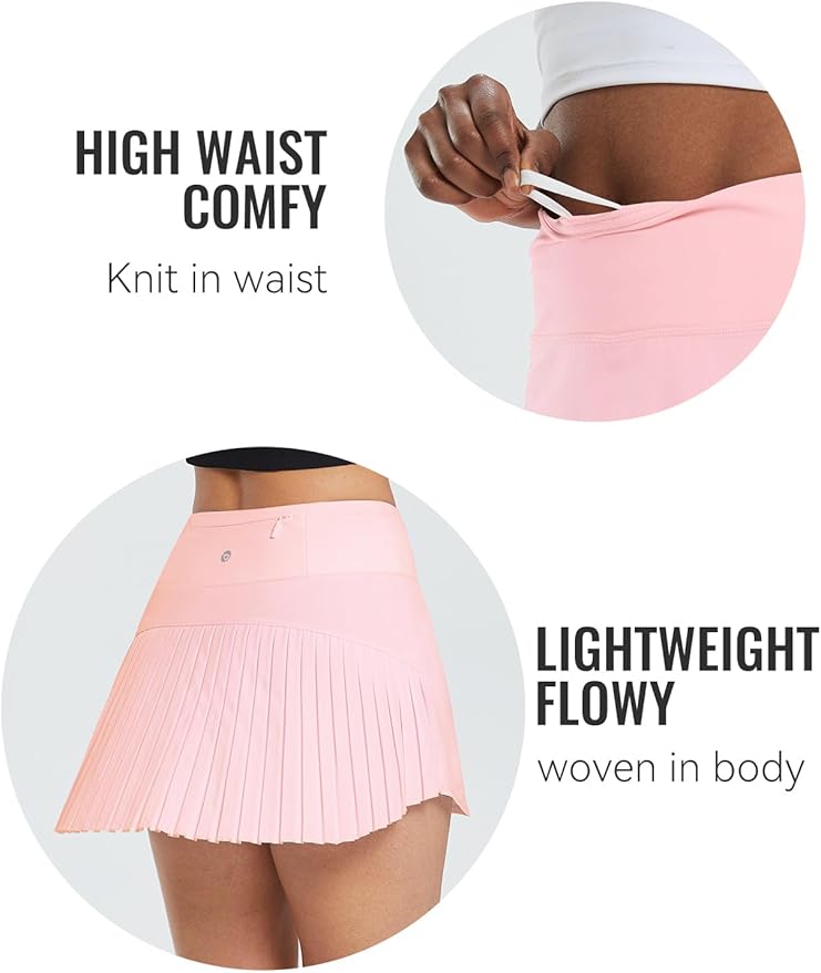 baleaf Tennis Skirt Pleated Golf Skorts with 3 Pockets | 14", Built in Shorts, High Waisted, Anti-slip Strip, Lightweight, for Athletic, Workout, Pickleball, Skorts for Women