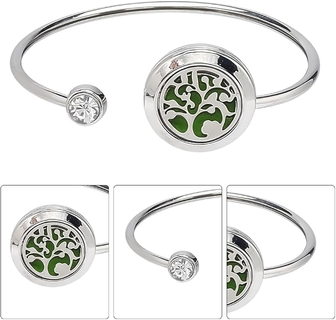 SUNNYCLUE 1 Box 2 Sets Tree of Life Essential Oil Bracelet Blank Bangles bulk with 10Pcs Refill Pads Stainless Steel Aromatherapy Diffuser Locket Adjustable Band Jewelry for Women Birthday Gifts Adult