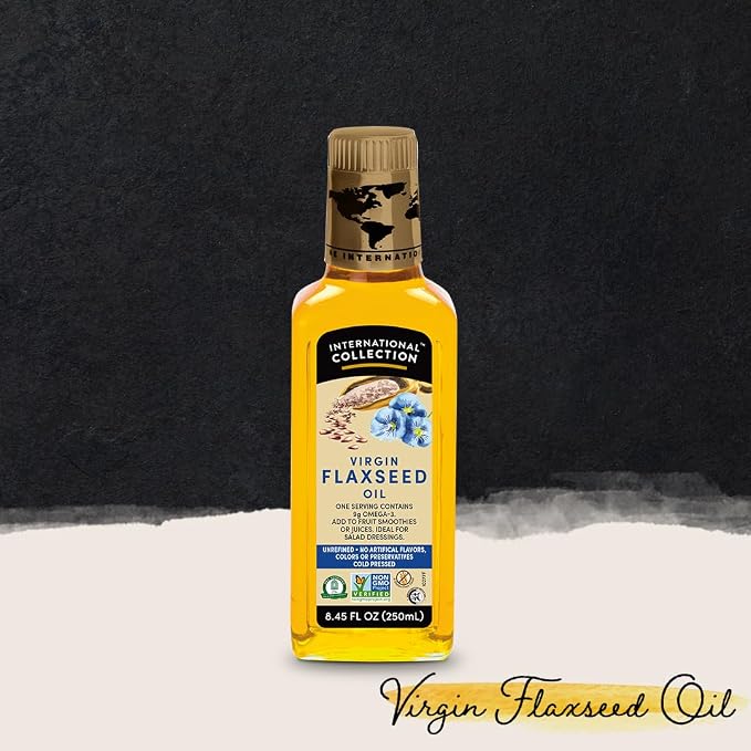International Collection Virgin Flaxseed Oil, 8.45 fl oz (Pack of 1) | Expertly Sourced, Quality Oils | NonGMO Project Certified, No Artificial Flavors, Gluten Free, Vegan, Kosher & Halal Approved