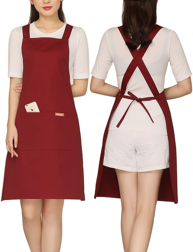 NEWGEM 100% Cotton Cross Back Apron for Women with 2 Pockets - Adjustable Button Straps Pinafore, No Neck Pain Kitchen Chef Apron for Cosmetologist, Hairstylist, Bartender (Burgundy)
