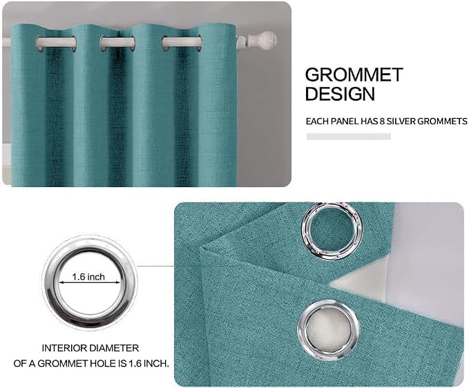 MIULEE 100% Blackout Linen Textured Curtains for Bedroom Solid Thermal Insulated Teal Grommet Room Darkening Curtains & Drapes Luxury Decor for Living Room 52 x 45 Inch (2 Panels)