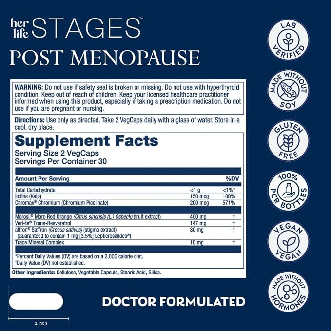 SOLARAY Postmenopause her Life Stages - Post Menopause Supplements for Women with Resveratrol - Vegan and Made Without Hormones - 60-Day Guarantee - Vegan, Lab Verified - 30 Servings, 60 VegCaps