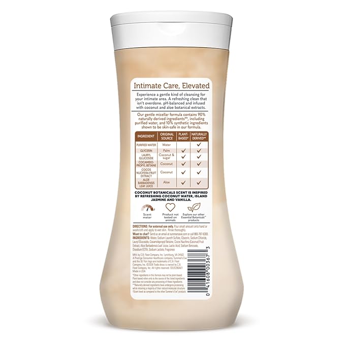 Summer’s Eve Essential Botanicals Daily Feminine Wash, Coconut Aloe, Gentle pH-Balanced Body Wash for Women, Feminine Care to Remove Vaginal Odor, Gynecologist Tested, 15 fl oz