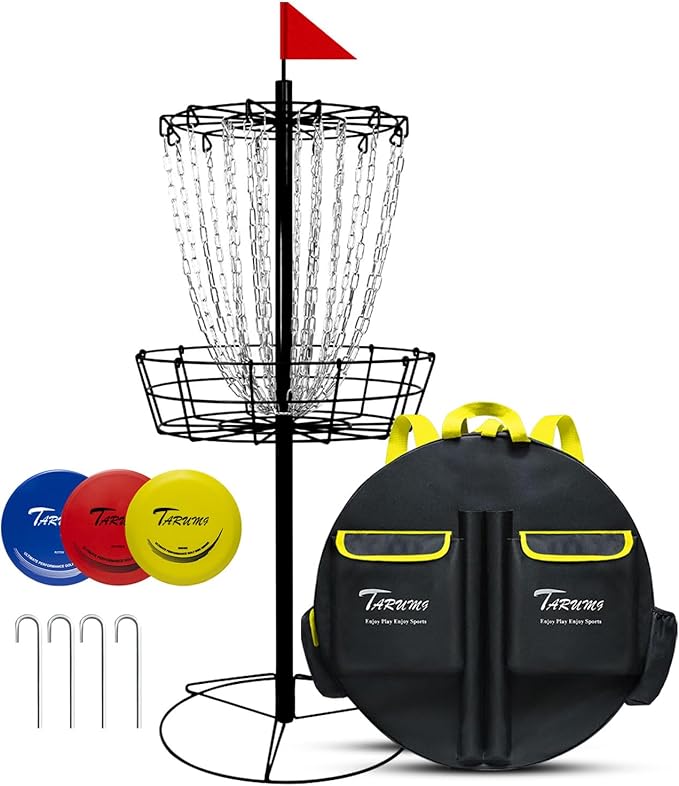 TARUMG Disc Golf Basket - Portable Disc Golf Target with Heavy Duty 24-Chains Come with Transit Bag and 3pcs Disc Golf Discs, Ground Stake -Suitable for Players of All Levels - Multi Color Available