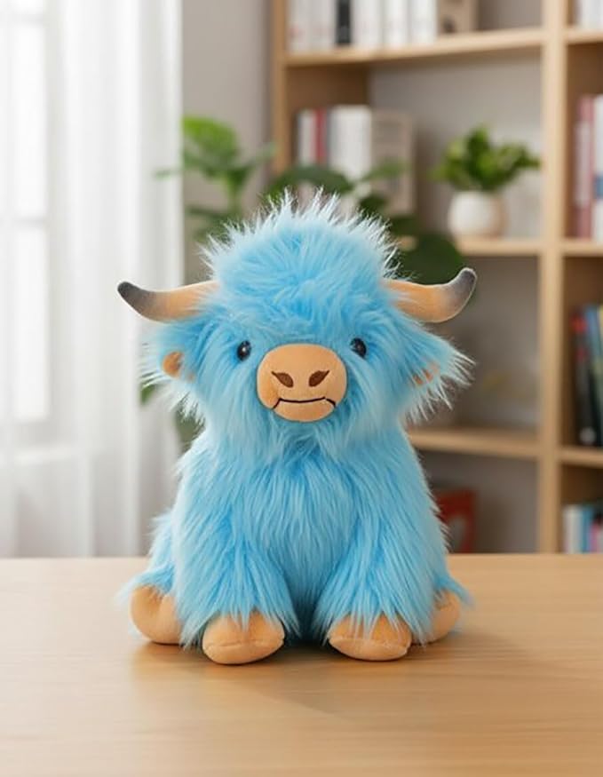 Highland Cow Stuffed Animals Soft Plush Cute Highland Cow Doll for Boys Girls 10in(gaodiniu lanse)