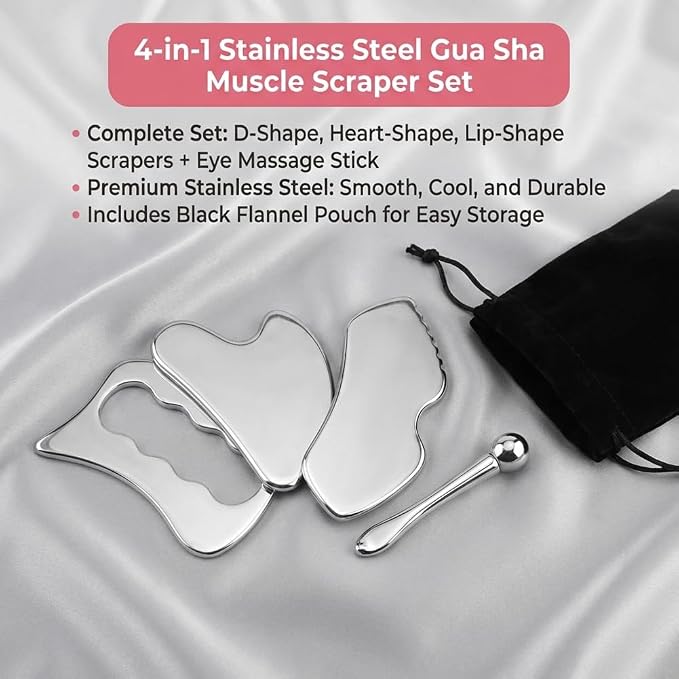 4-in-1 Stainless Steel Gua Sha Tool Set, Gua Sha Facial Tools, Fascial Massager for Deep Tissue Relief, Facial Contouring & Puffiness Reduction