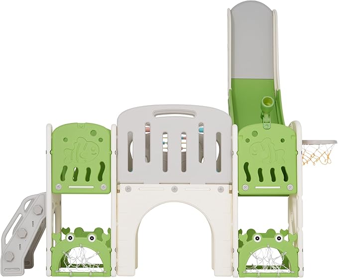 11in 1 Toddler Slide, Kid Slide for Toddlers Age 1-3 with Telescope, Basketball Hoop, and Telescope, Indoor Outdoor Playset Playground Green Grey