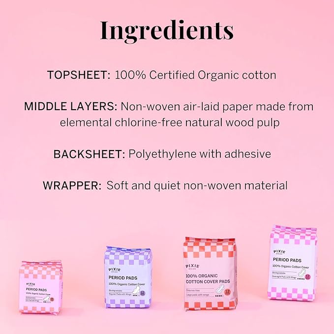 Pixie Organic Pads Ultra Thin Regular Long Cotton Pads with Wings – Comfortable, Leak-Proof Protection for Everyday Flow – Hypoallergenic, Unscented, Soft & Breathable – Eco-Friendly, 12 Count