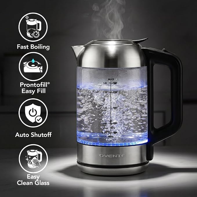 OVENTE Electric Kettle, 1.8L Glass Tea Kettle & Stainless Steel BPA-Free Cordless Electric Kettle, 1500W Fast Boil Electric Pot with Easy-Fill Lid, Auto Shut-Off & Boil Dry Protection, Silver KG751S