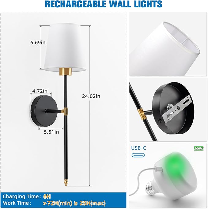 Battery Operated Wall Sconce Set of 2,Gold-Black Rechargeable Wall Lights with 10400mAh Dimmable Bulbs and Remote,9 Colors Wireless Wall Lamps for Bedroom Living Room Hallway Decor