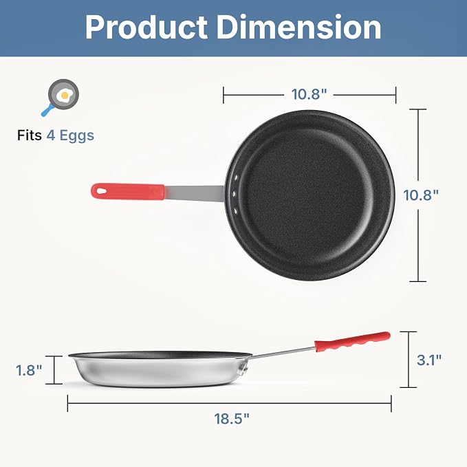DUMOS 10 Inch Nonstick Frying Pan, Heavy-Gauge Aluminum Skillet with Ceramic Nonstick Coating, Stainless Steel Base & Handle, Omelet Pan for Induction, Electric, Gas, PFAS Free, Oven Safe, Red Handle