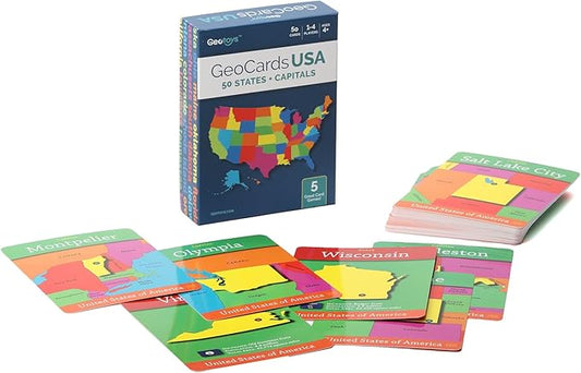 GeoToys GeoCards - USA Geography Flash Cards, Kid Card Games for Home, School & Travel, States & Capitals, Ages 4+