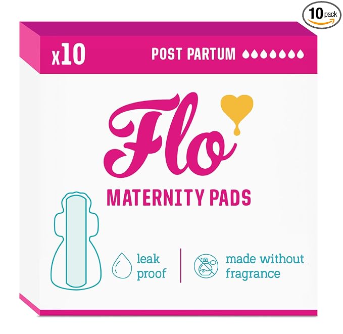 Flo - Extra Long Maternity Pads (10 Pack) - Super Soft + Breathable - 4 Wings - Heavy Flow - Organic Bamboo Period Pads for Women - Postpartum Essentials - Plant Based - Vegan & Cruelty Free