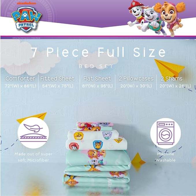 Paw Patrol Girl Skye Kids Bedding Super Soft & Cozy Reverisble Microfiber Comforter and Sheet Set with Sham, 7 Piece Full Size, (Officially Licensed Product) By Franco