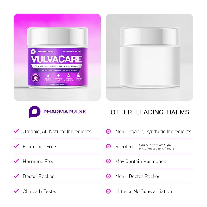Pharmapulse Organic Vaginal Moisturizer, Vulva Balm Cream, Intimate Skin Care, Menopause Support - Relieves Dryness, Itching, Burning, Redness, Chafing, Odor, Irritation - Estrogen Free 4oz