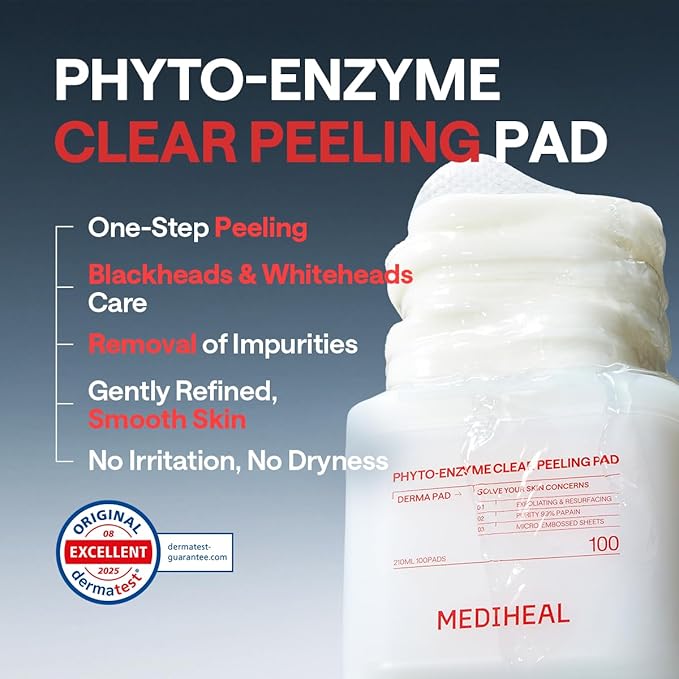 MEDIHEAL Toner Pads 100 Count - Phyto Enzyme Clear Peeling - Exfoliating Peeling Pad with LHA & Papaya Enzyme - Helps Blackhead & Whitehead Removal - Dual-Textured Pad for Pore Care, Korean Skin Care